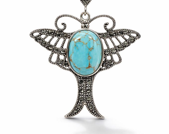 Vintage Style Sterling Silver Butterfly Pendant Necklace, Turquoise & Marcasite