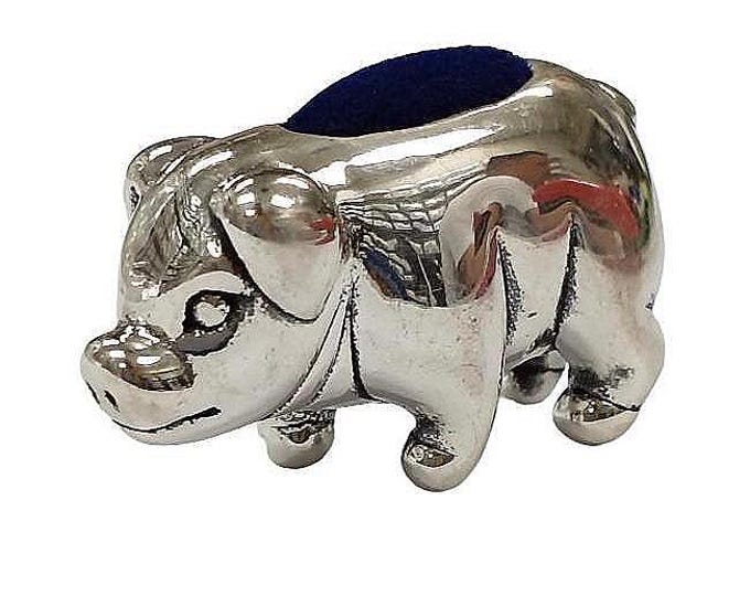 Vintage Sterling Silver Pig Pin Cushion with Red Velvet Top Collectible Sewing Accessory Gift