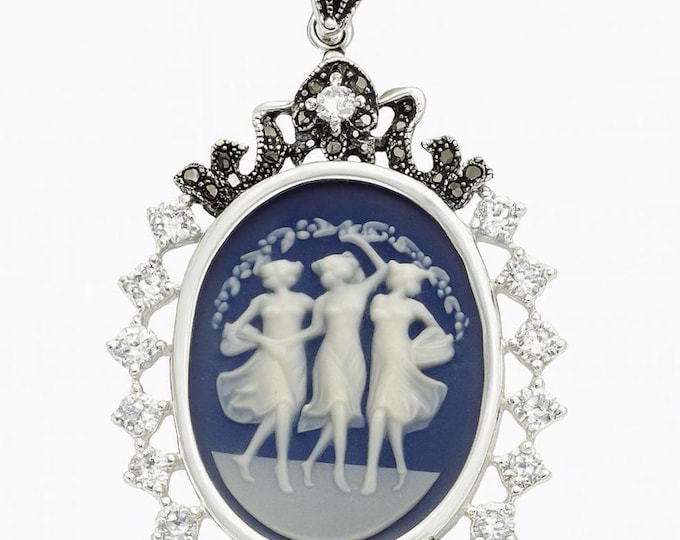 Vintage Style Silver Plated Cameo Pendant Necklace Oval Three Graces with Marcasite and CZ Accents Victorian Inspired Statement Jewelry