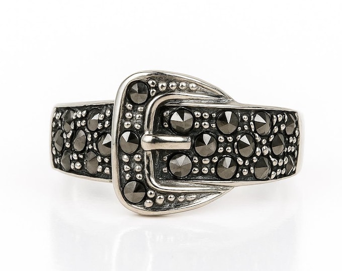 Vintage Marcasite Buckle Ring, Sterling Silver Art Deco Band