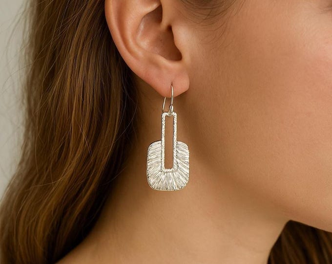 925 Sterling Silver Textured Drop Earrings Retro Geometric Statement Dangles Lightweight Silver Art Deco Style Earrings for Women