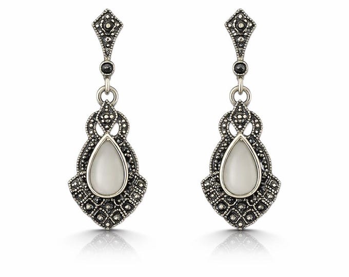 Sterling Silver Mother of Pearl Dangle Earrings, Marcasite Teardrop, Vintage Inspired
