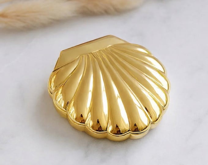 Gold Plated 925 Sterling Silver Seashell Pill Box, Vintage Style Trinket Holder