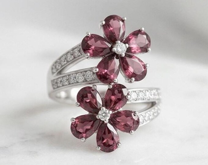 Sterling Silver Floral Garnet CZ Ring – US Size 8, 925 Stamped Flower Jewelry