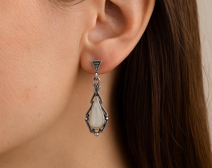 Art Deco Inspired Mother of Pearl and Marcasite 925 Sterling Silver Earrings Gift for Her