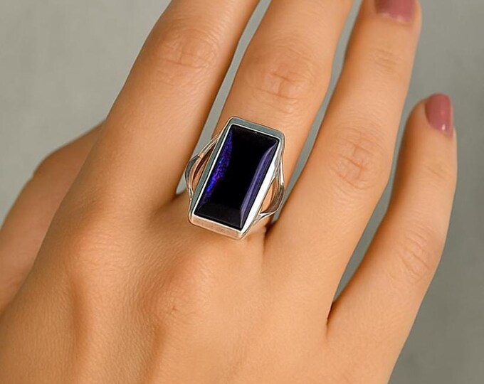 Synthetic Amethyst Ring Rectangular Purple Gemstone Statement Cocktail Ring in Sterling Silver, Bold Modern Jewelry Gift for Her