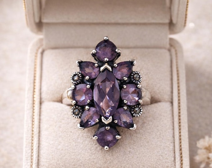 Amethyst Ring 925 Sterling Silver Vintage Style Purple Gemstone Statement Ring February Birthstone Jewelry