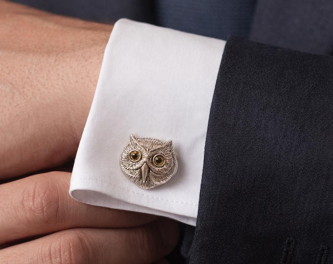 Antique Style Owl Glass Eyes 925 Sterling Silver Cuff Links Mens Gift