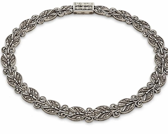 Vintage Art Deco Marcasite Bracelet, 925 Sterling Silver Link Jewelry