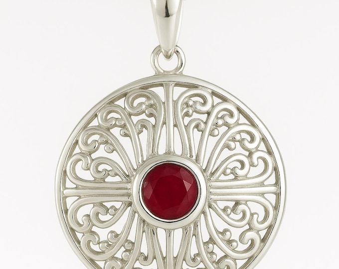 925 Sterling Silver Filigree Pendant with Ruby and Emerald Vintage Style Round Necklace, Statement Jewelry Gift for Her