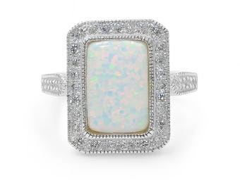 Gilson Opal and CZ Diamond Ring 925 Sterling Silver