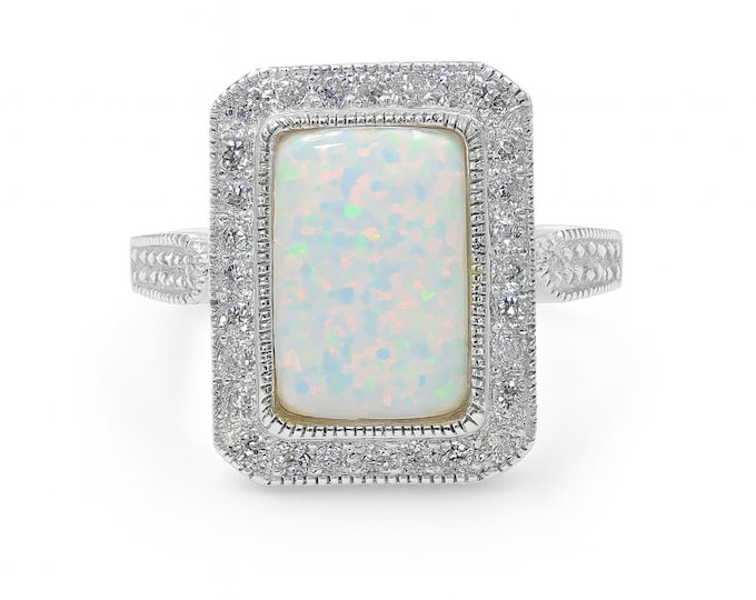 Gilson Opal and CZ Diamond Ring 925 Sterling Silver