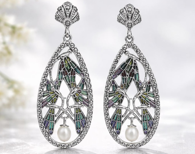 Vintage Style Plique à Jour Earrings with Pearl Art Nouveau Teardrop Silver Drop Earrings