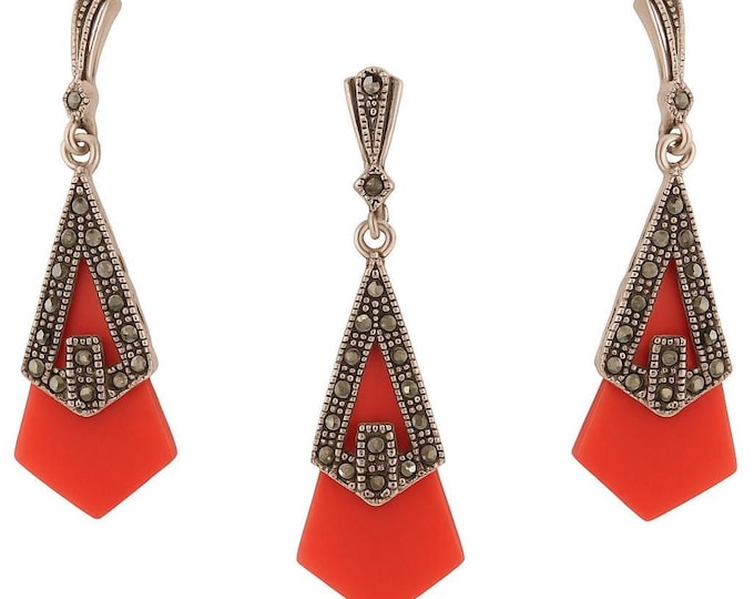 925 Sterling Silver Mother of Pearl Abalone Coral Jewelry Set with Marcasite Art Deco Pendant & Drop Earrings, Vintage Style Gift for Her