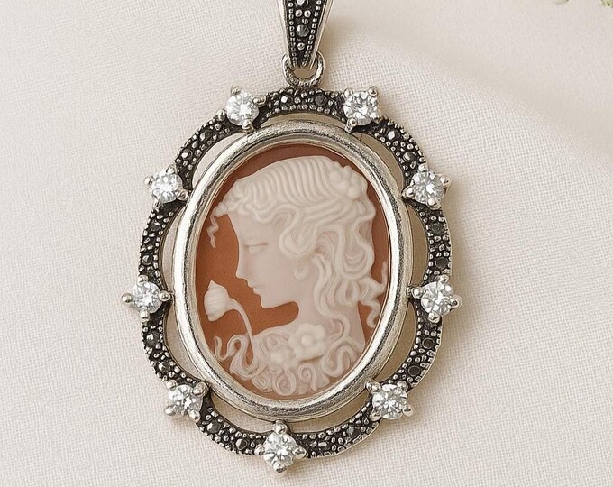 Vintage Style Silver Plated Cameo Pendant Necklace Oval Lady Profile with Marcasite and CZ Accents Victorian Inspired Statement Jewelry