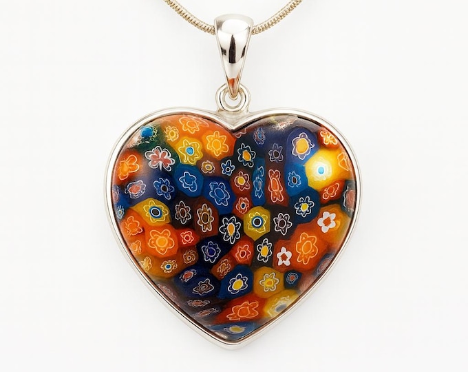 Millefiori Love Heart Shape Pendant 925 Sterling Silver