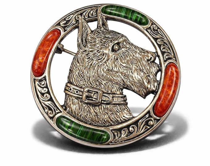 Antique Inspired Scottie Coral and Malachite Brooch 925 Sterling Silver