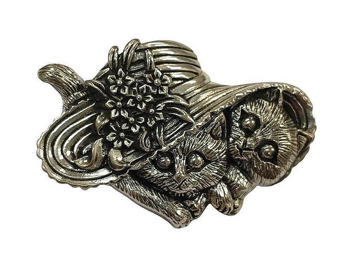 Antique Style Two Kittens Under Hat Brooch 925 Sterling Silver