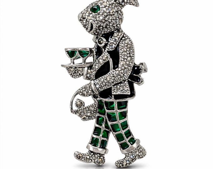 Vintage Marcasite Rabbit Brooch Pendant, Art Deco Style 925 Sterling Silver Bunny with Emerald, Ruby and Marcasite Stones