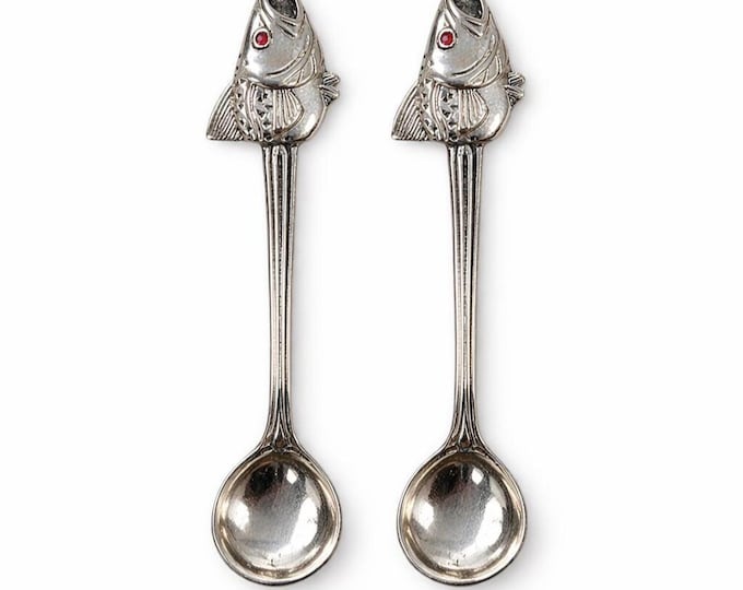 925 Sterling Silver Fish Salt Spoons with Ruby Eyes, Collectible Miniature Spoons
