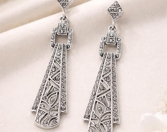 Art Deco Marcasite Drop Earrings, Vintage 925 Sterling Silver