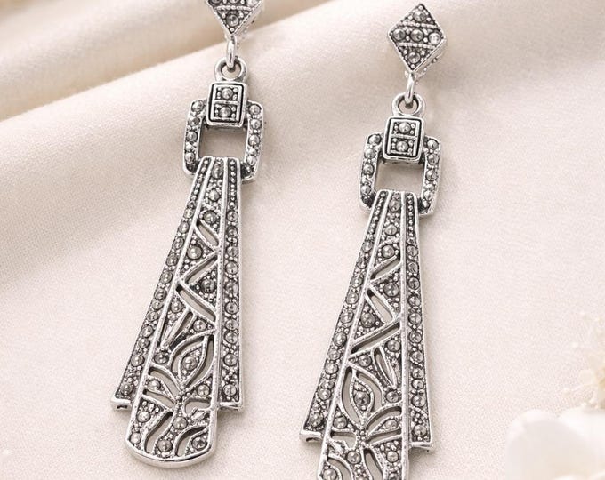 Art Deco Marcasite Drop Earrings, Vintage 925 Sterling Silver