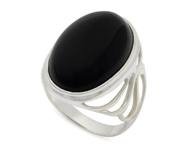 Art Nouveau Inspired Black Onyx Statement Ring 925 Sterling Silver Hallmarked