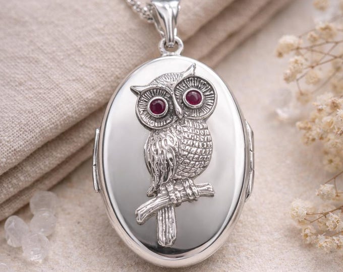 925 Silver Plate Ruby Owl Locket Pendant, Engraved Owl Necklace