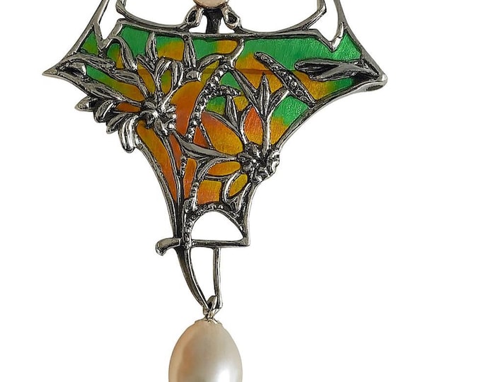 Art Nouveau Inspired Enamel Plique a Jour Floral Pearl Pendant Brooch 925 Sterling Silver