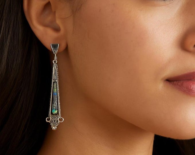 Art Deco Abalone Shell Earrings, Turquoise, Coral, 925 Sterling Silver