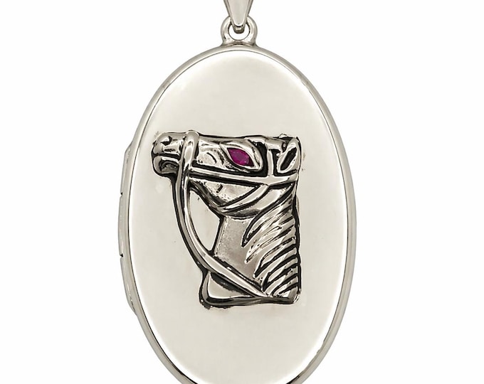 925 Silver Plate Ruby Horse Head Locket Pendant, Engraved Horse Necklace