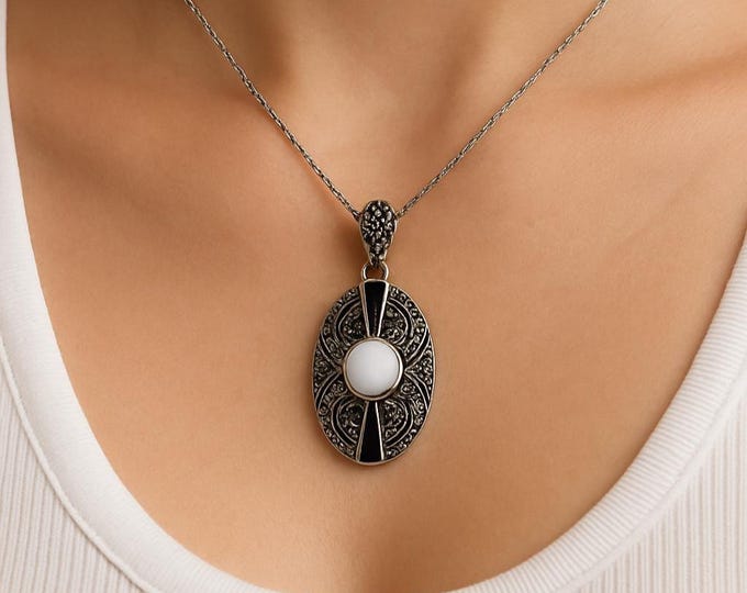 Art Deco Sterling Silver Marcasite Pendant Necklace with White and Blue Gilson Opal Vintage Style 925 Silver Jewelry Gift