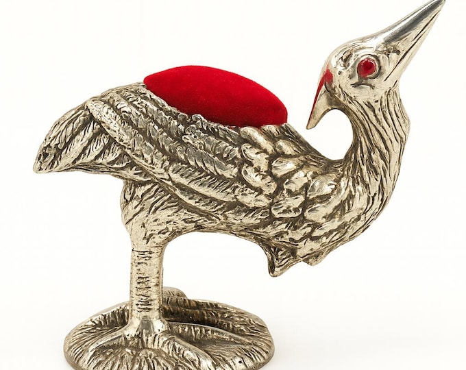 Antique Inspired Collectable Stork Pin Cushion Ruby Eyes  925 Sterling Silver