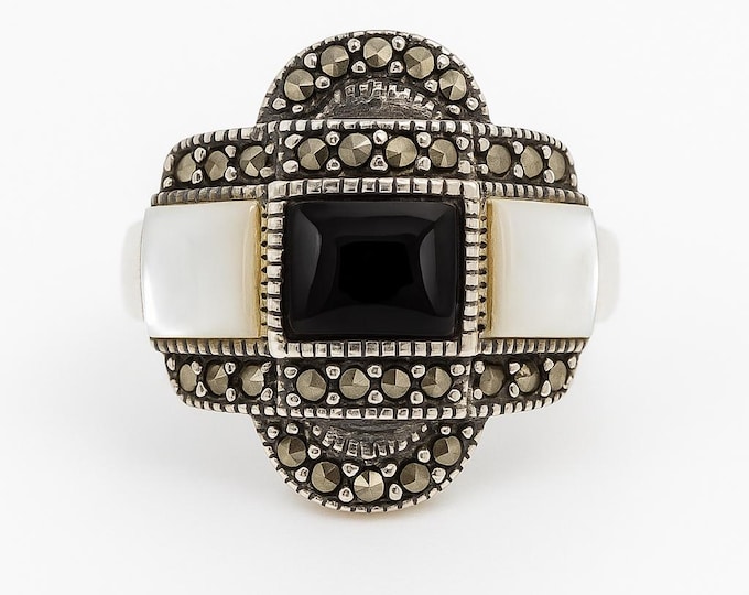 Vintage Style Sterling Silver Ring with Black Onyx and Mother of Pearl Inlay Art Deco Statement Jewelry Gift for Her