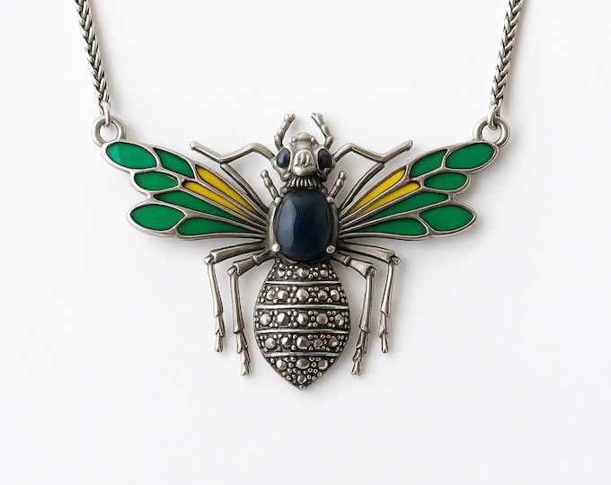 Art Nouveau Plique-à-Jour Enamel Cicada Necklace 925 Sterling Silver Insect Pendant Statement Jewelry Gift for Her