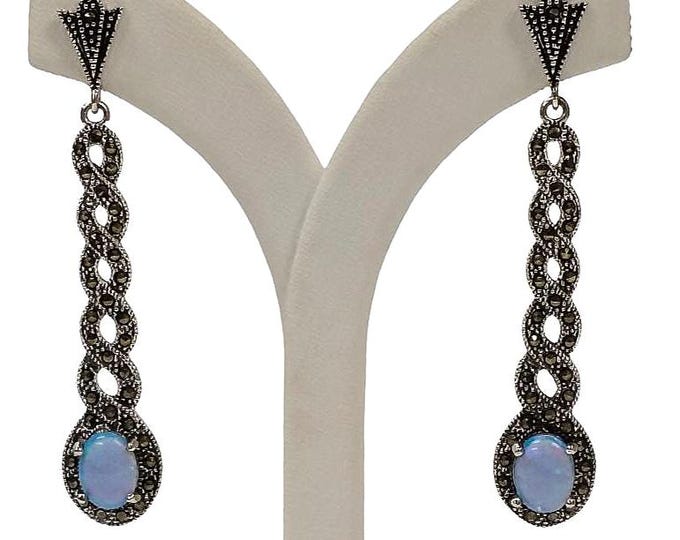 Art Deco Inspired White Blue Gilson Opal and Marcasite 925 Sterling Silver Earrings