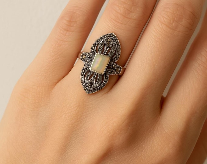 Art Deco Inspired Gilson Opal and Marcasite Ring 925 Sterling Silver