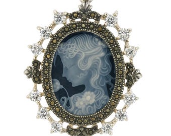 Vintage Style Sterling Silver Plate Cameo Pendant Necklace with Marcasite and CZ Accents