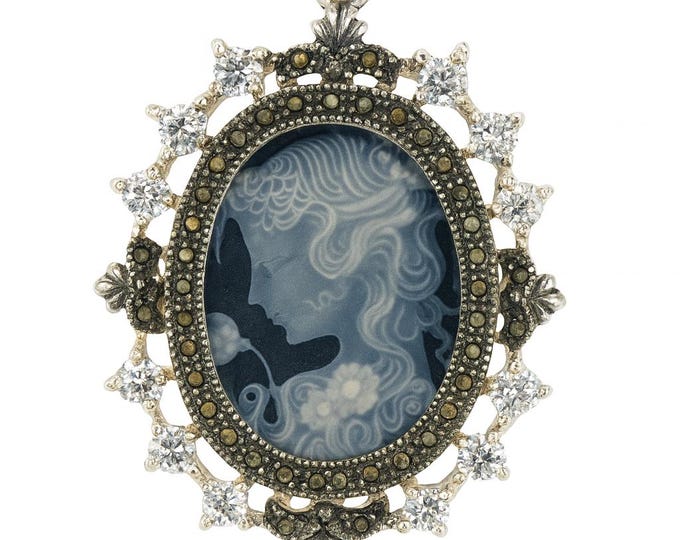 Vintage Style Silver Plated Cameo Pendant Necklace Oval Lady Profile with Marcasite and CZ Accents Victorian Inspired Statement Jewelry