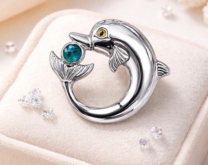 Antique Style 925 Sterling Silver Dolphin Brooch with Blue Gem Vintage Nautical Animal Pin