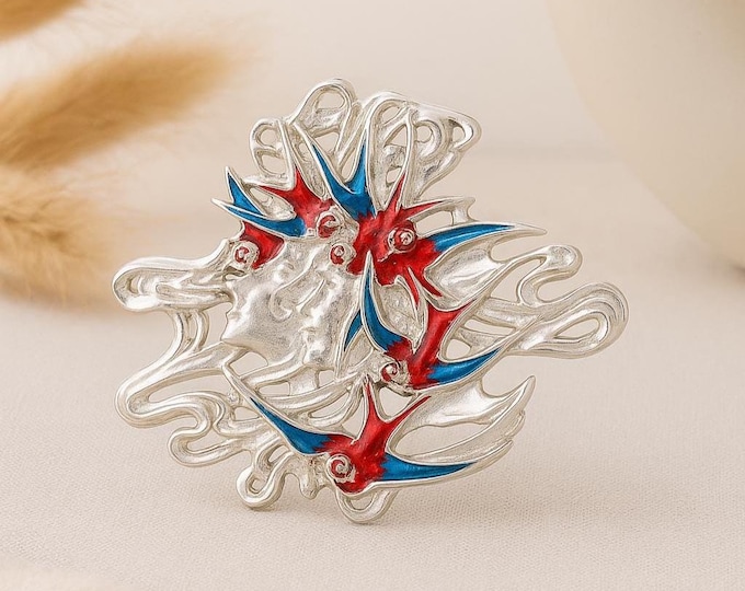 Art Nouveau Swallow Brooch in Sterling Silver Enamel Red & Blue Bird Design, Statement Pendant Brooch, Vintage Style Gift for Her