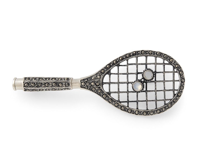 Vintage Tennis Racket Brooch 925 Sterling Silver Marcasite and Mother of Pearl Pin Antique Sports Jewelry Gift for Her