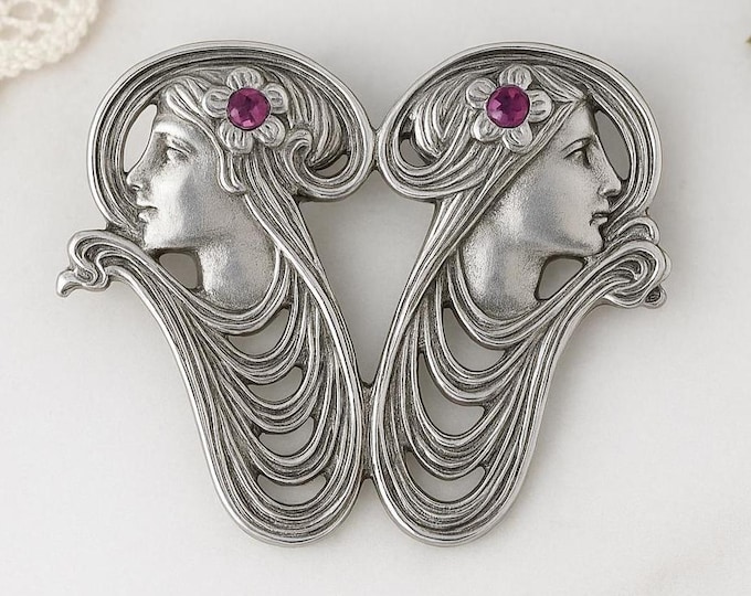 Art Nouveau Inspired Ruby, Marcasite, Gilson Opal and Pearl Brooch Pendant 925 Sterling Silver