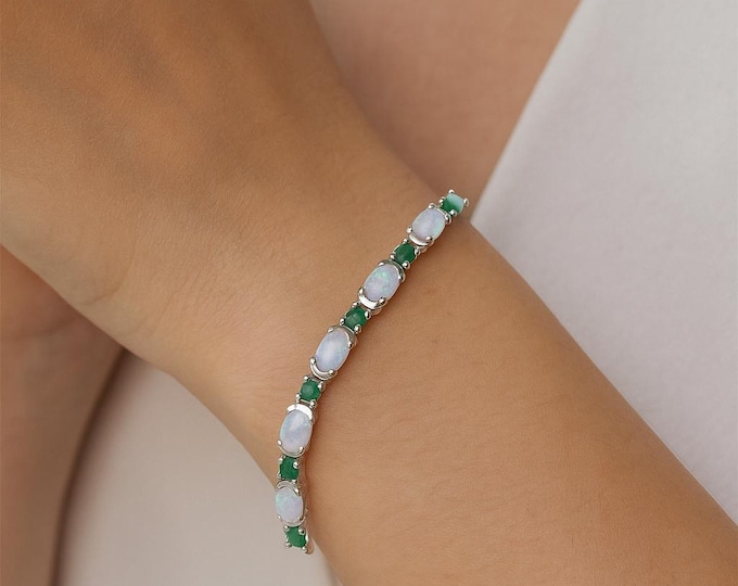 Sterling Silver Gilson Opal Tennis Bracelet, Emerald, Ruby, Topaz