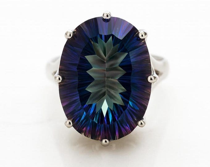 Mystic Topaz Oval Ring Round Blue Gemstone Statement Cocktail Ring in 925 Sterling Silver, Bold Modern Jewelry Gift for Her