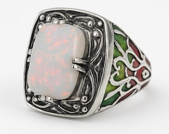 925 Sterling Silver Gilson Opal Ring, Art Deco Statement Ring, White Fire Opal with Green Enamel, Vintage Inspired Jewelry