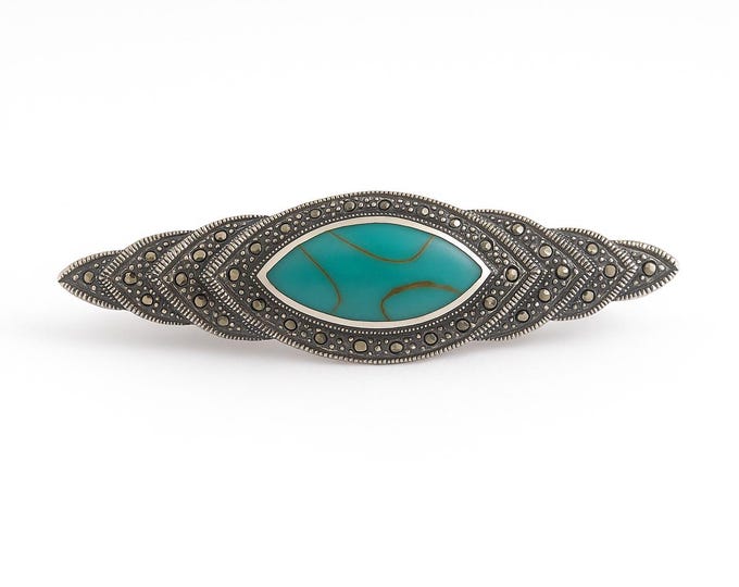 Vintage Art Deco Sterling Silver Marcasite Brooch with Turquoise Gemstone Antique Style Pin Jewelry Gift for Her