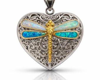 Gilson Opal Heart Locket: Art Nouveau Sterling Silver Dragonfly Pendant