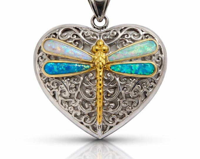 Gilson Opal Heart Locket: Art Nouveau Sterling Silver Dragonfly Pendant