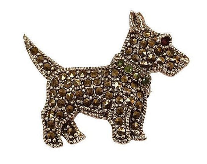 Antique Inspired Scottie Dog Brooch Ruby, Emerald and Marcasite Collectable 925 Sterling Silver Dog Lover Gift